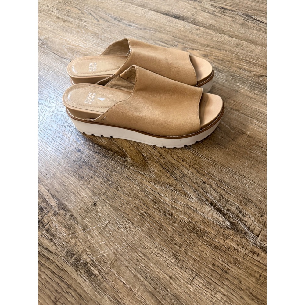 Eileen Fisher Tan Leather Platform Slide Sandals Mules Tan Beige Size 8